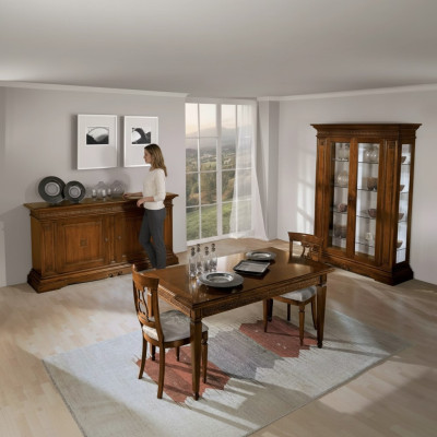 7-piece dining set. Dining room table, 4 chairs, display cabinet, luxury wood furniture.