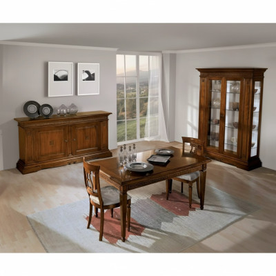 7-piece dining set. Dining room table, 4 chairs, display cabinet, luxury wood furniture.