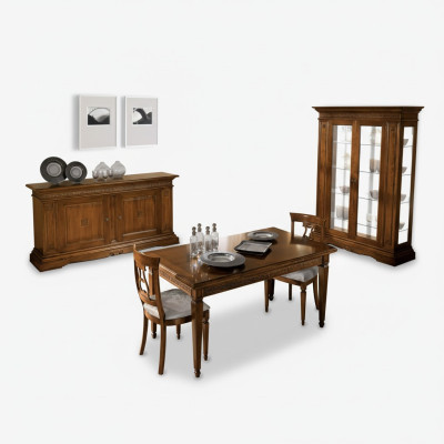 7-piece dining set. Dining room table, 4 chairs, display cabinet, luxury wood furniture.