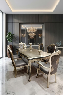 Designer dining room furniture, wooden dining table, gold table, seating for 6 people.