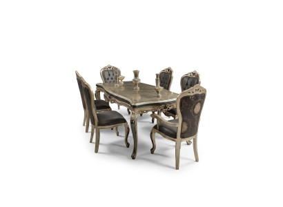 Designer dining room furniture, wooden dining table, gold table, seating for 6 people.