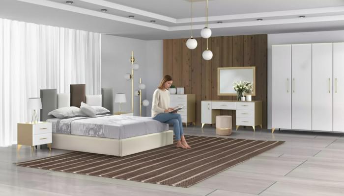 Bedroom set bed 2x nightstand chest of drawers 7-piece design luxury