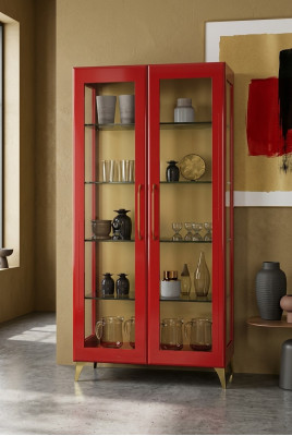 Showcase Beautiful Red Glass Cabinet Display Wood Glass Living Room Modern Luxury