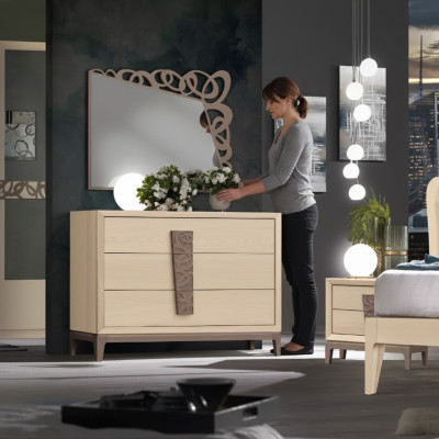 Bedroom set luxury dresser mirror design furniture beige 3-piece wood
