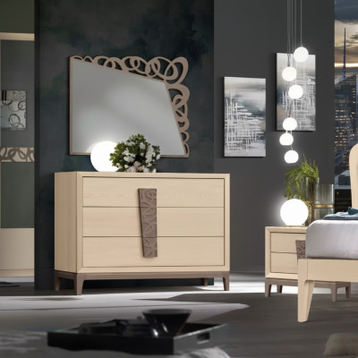 Bedroom set luxury dresser mirror design furniture beige 3-piece wood