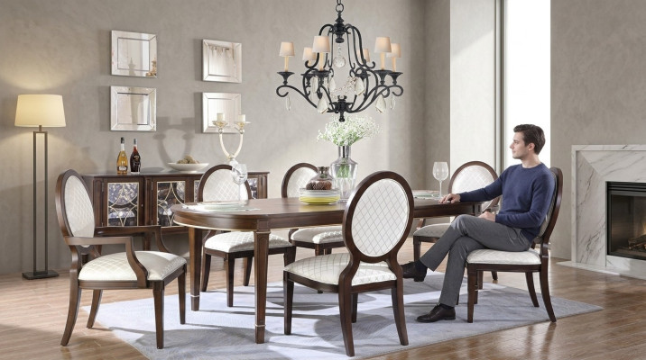 Table with 4x chairs, 2x chairs, sideboard, 8-piece dining room set, group, ensemble
