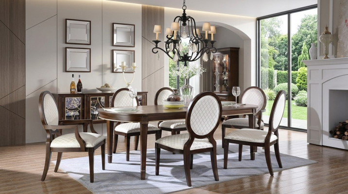 Table with 4x chairs, 2x chairs, sideboard, 8-piece dining room set, group, ensemble