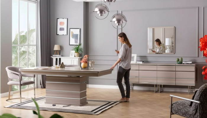 Table, 6x chairs, sideboard, mirror, 9-piece dining room set, group, ensemble