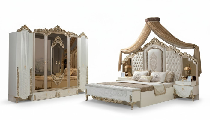 Bedroom set bed 2x bedside tables stool luxury new 5-piece design wood