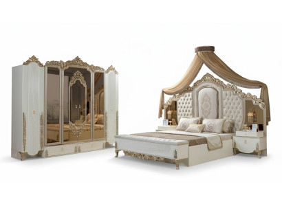 Bedroom set bed 2x bedside tables stool luxury new 5-piece design wood