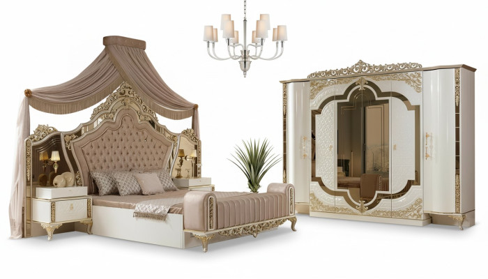 Bedroom set bed 2x nightstands design luxury new 5-piece white