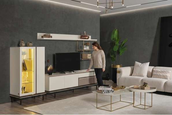 White Living Room Set Designer TV Stand Luxury LED Display Cabinet Wood Shelf