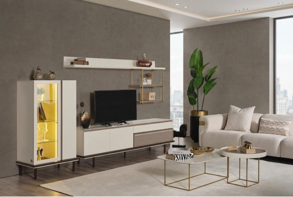 White Living Room Set Designer TV Stand Luxury LED Display Cabinet Wood Shelf