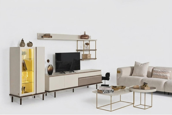 White Living Room Set Designer TV Stand Luxury LED Display Cabinet Wood Shelf