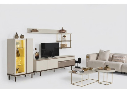 White Living Room Set Designer TV Stand Luxury LED Display Cabinet Wood Shelf