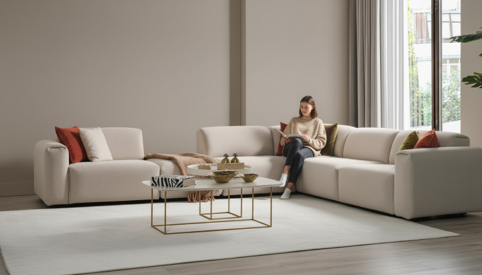 Beige living room sofa designer corner sofa L-shape luxury couch upholstered furniture