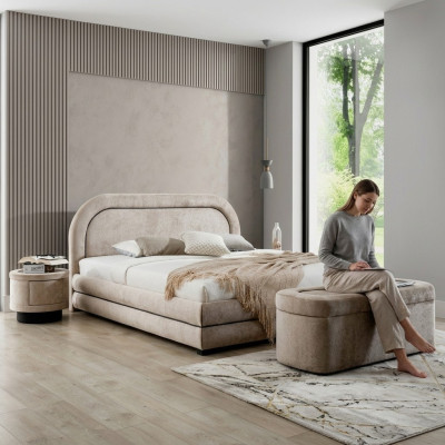 Exclusive beige bedroom set double bed upholstery nightstands