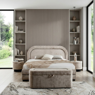 Exclusive beige bedroom set double bed upholstery nightstands