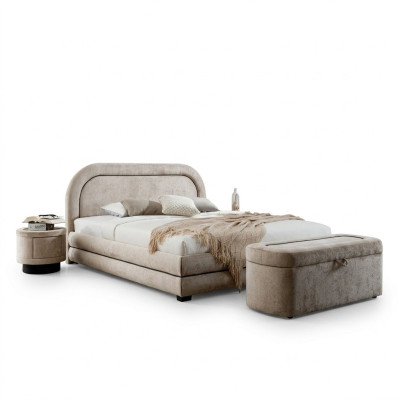 Exclusive beige bedroom set double bed upholstery nightstands