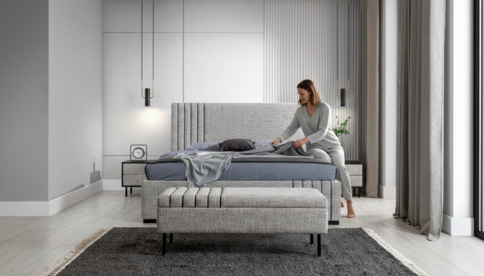 Light gray bedroom furniture designer textile bed 2x nightstands bench