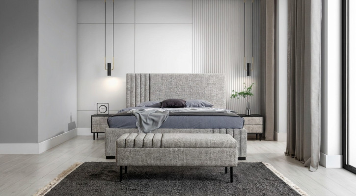 Light gray bedroom furniture designer textile bed 2x nightstands bench