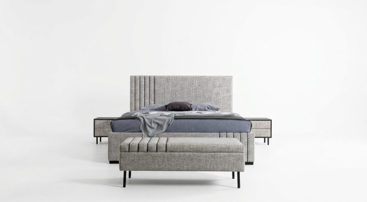 Light gray bedroom furniture designer textile bed 2x nightstands bench