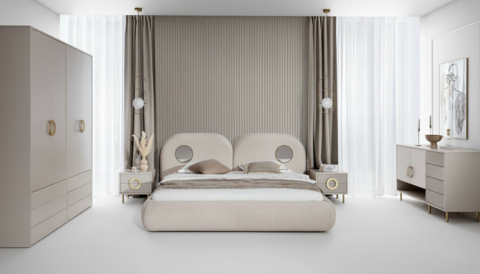 Beige bedroom set double bed wardrobe chest of drawers 2x bedside tables