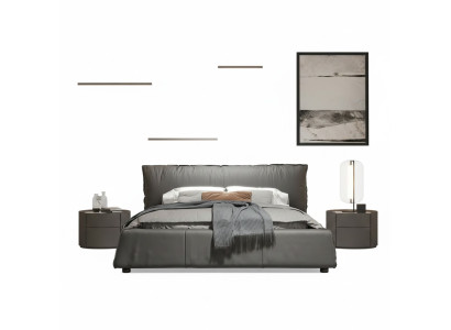 Gray bedroom bed, designer double bed, wooden frame, new leather bed.