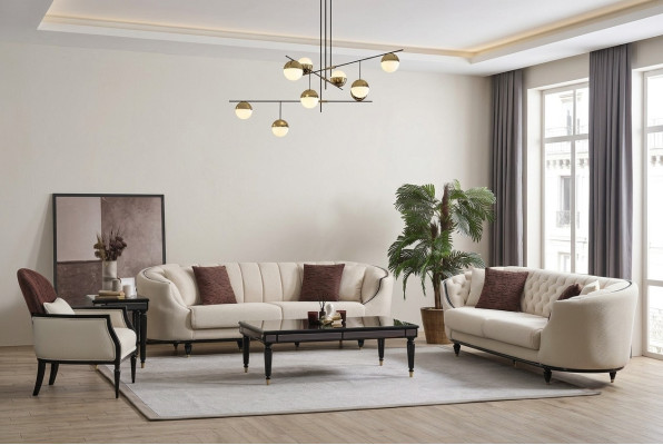 White Living Room Set Sofa Suite 3+3+1 Coffee Table Side Table 5-piece