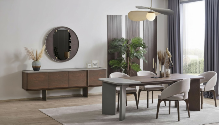 Large dining room set: designer dining table, 4x chairs, sideboard, mirror