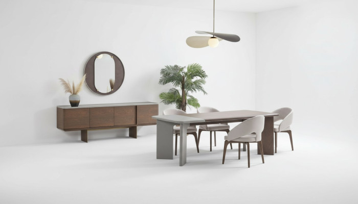 Large dining room set: designer dining table, 4x chairs, sideboard, mirror
