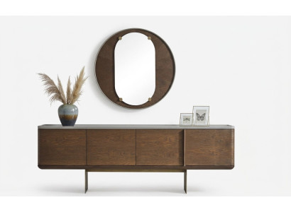 Brown sideboard modern wooden furniture luxury round mirror living room 2-piece set