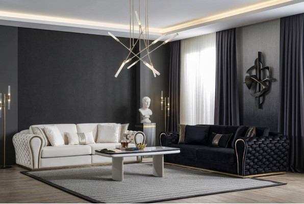 Black and white sofa set 3+3 designer seats luxury upholstery 2x sofas