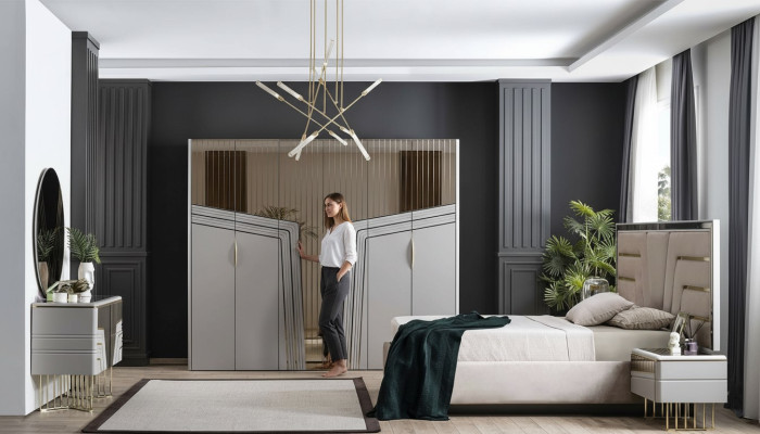 Modern bedroom set luxury bed 2x nightstands wardrobe 6-piece.