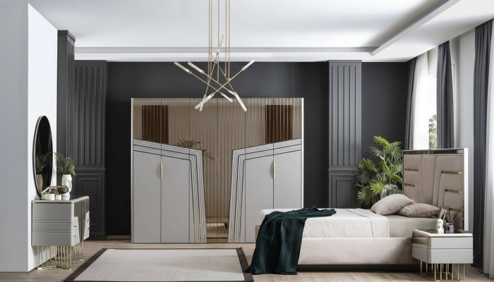 Modern bedroom set luxury bed 2x nightstands wardrobe 6-piece.