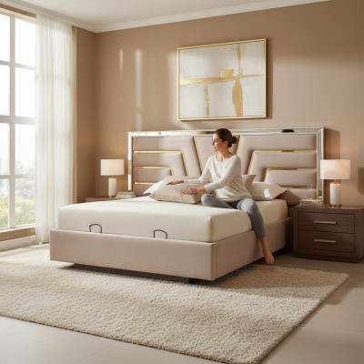 Beige bedroom double bed sturdy wooden frame designer upholstered bed