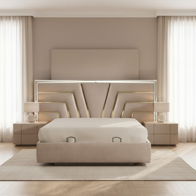 Beige bedroom double bed sturdy wooden frame designer upholstered bed