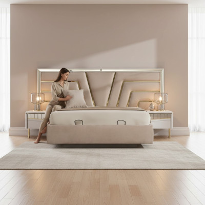 Beige Bedroom Bed Designer 2x Nightstands Stylish Set 3-piece