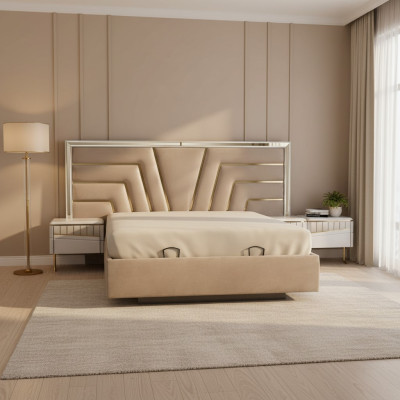 Beige Bedroom Bed Designer 2x Nightstands Stylish Set 3-piece