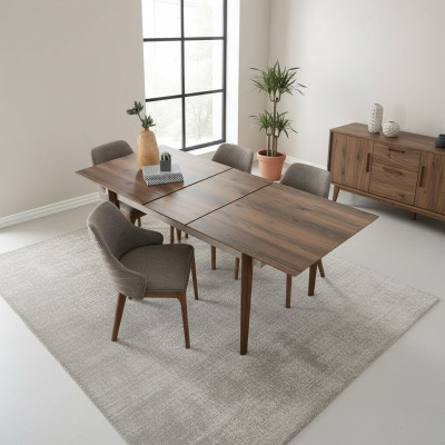 Complete dining room set, dining table with 4 brown upholstered chairs, 5-piece set