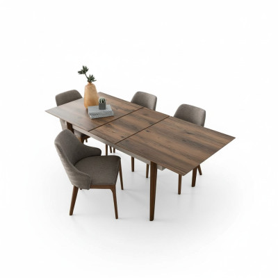 Complete dining room set, dining table with 4 brown upholstered chairs, 5-piece set