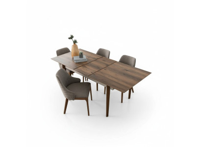 Complete dining room set, dining table with 4 brown upholstered chairs, 5-piece set