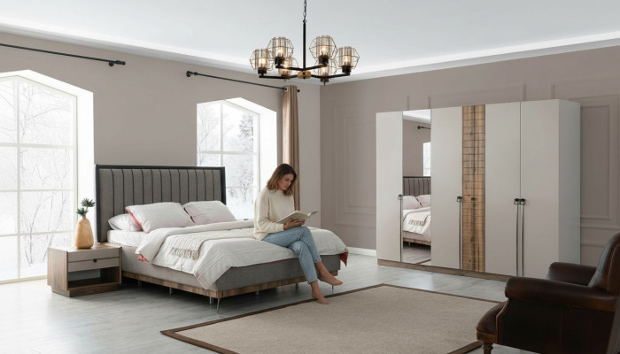 Bedroom modern set textile double bed wood wardrobe 4-piece