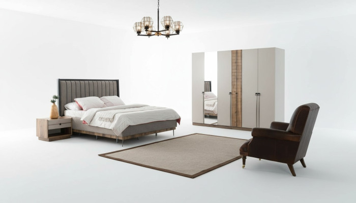 Bedroom modern set textile double bed wood wardrobe 4-piece
