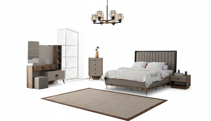 Gray bedroom set double bed 2x nightstands wood dressing table