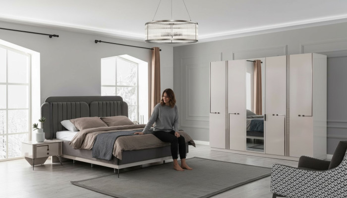 Modern bedroom set double bed nightstand wardrobe luxury