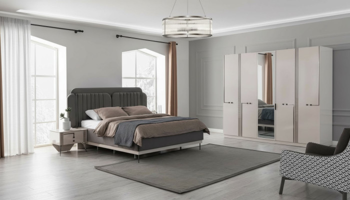 Modern bedroom set double bed nightstand wardrobe luxury