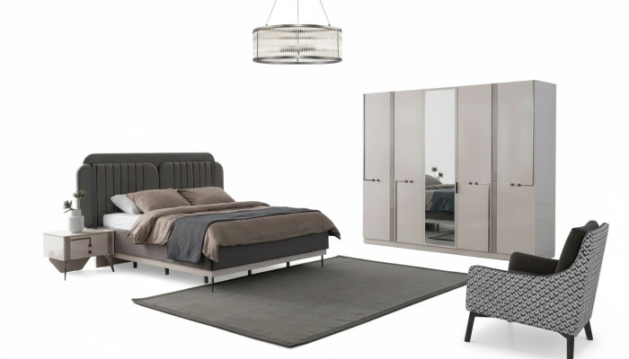 Modern bedroom set double bed nightstand wardrobe luxury