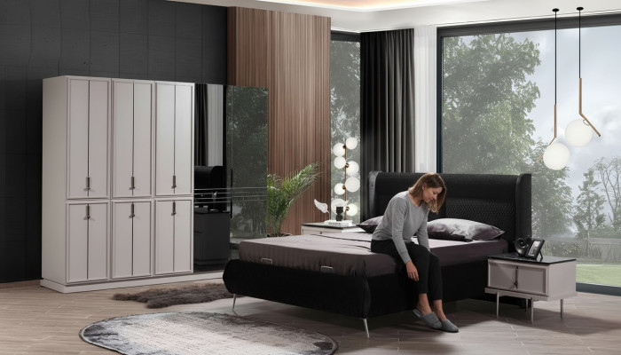 Modern black and white bedroom furniture upholstered bed nightstands 4-piece set