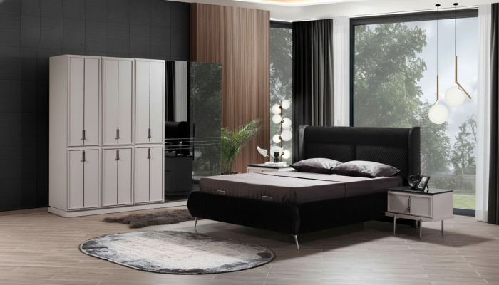 Modern black and white bedroom furniture upholstered bed nightstands 4-piece set